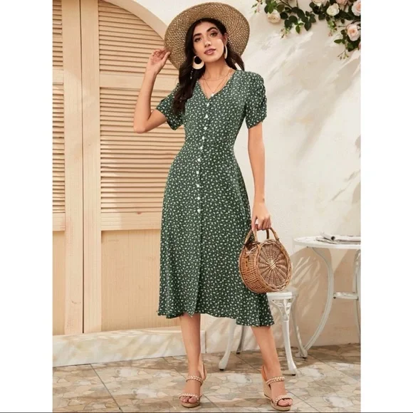 SHEIN | Dresses | Shein Nwt Floral Button Front Split Dress Midi Preppy  Casual | Poshmark
